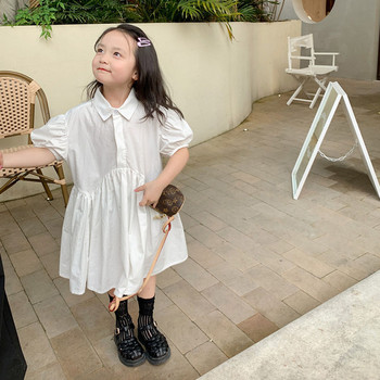 Καλοκαιρινό φόρεμα για κορίτσια Νέα ρουφηξιά μανίκια Πουκάμισο γιακά λευκό φόρεμα Γλυκό φόρεμα πριγκίπισσας Παιδικά κοστούμια Παιδικά ρούχα