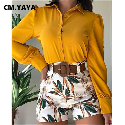 CM.YAYA Elegantni boho ženski komplet Majice dugih rukava i kratke hlače s cvjetnim motivima Trenirka Dvodijelni set Odjeća za fitness