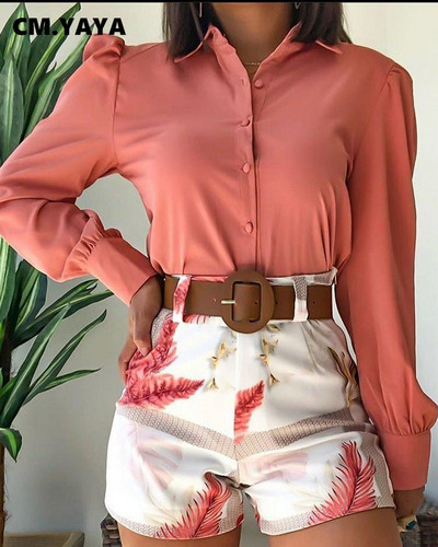 CM.YAYA Elegantni boho ženski komplet Majice dugih rukava i kratke hlače s cvjetnim motivima Trenirka Dvodijelni set Odjeća za fitness