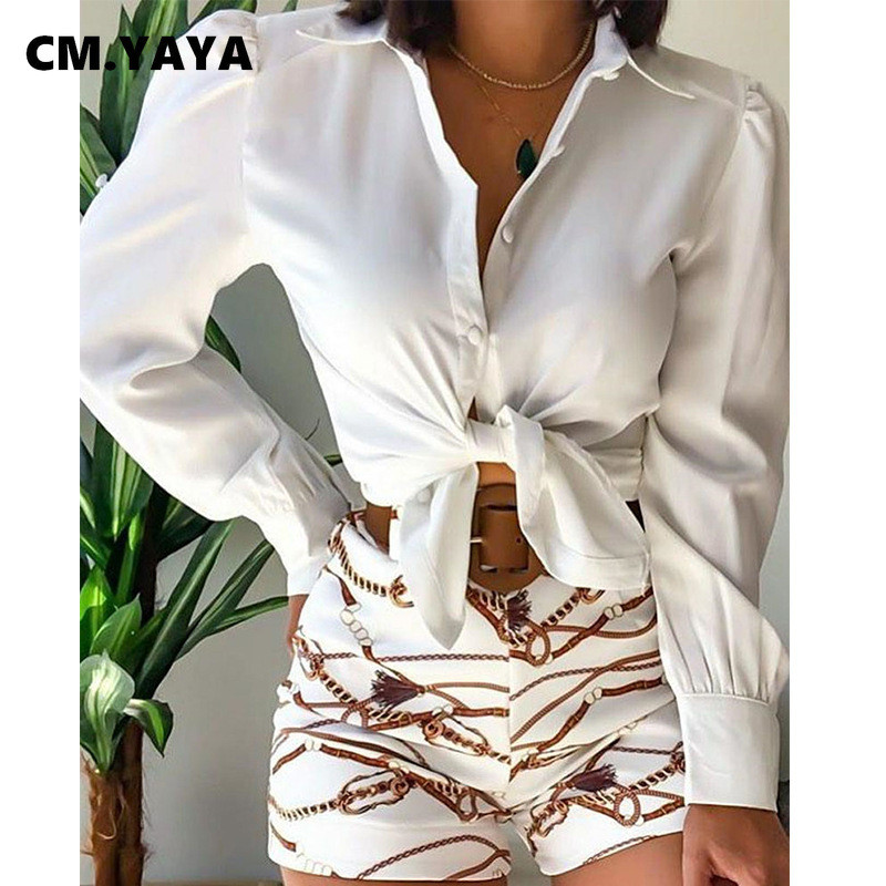 CM.YAYA Elegantni boho ženski komplet Majice dugih rukava i kratke hlače s cvjetnim motivima Trenirka Dvodijelni set Odjeća za fitness