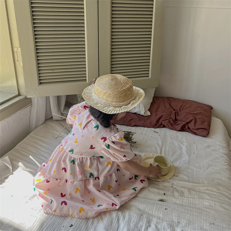 Rochie pentru fete 2023 Noua rochie de vară subțire prințesă Rochie de plajă pentru copii Love Print Rochie drăguță pentru copii mijlocii și mici