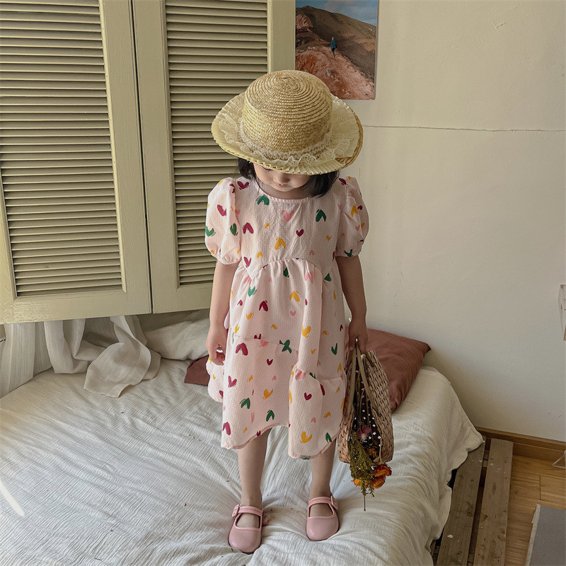 Rochie pentru fete 2023 Noua rochie de vară subțire prințesă Rochie de plajă pentru copii Love Print Rochie drăguță pentru copii mijlocii și mici