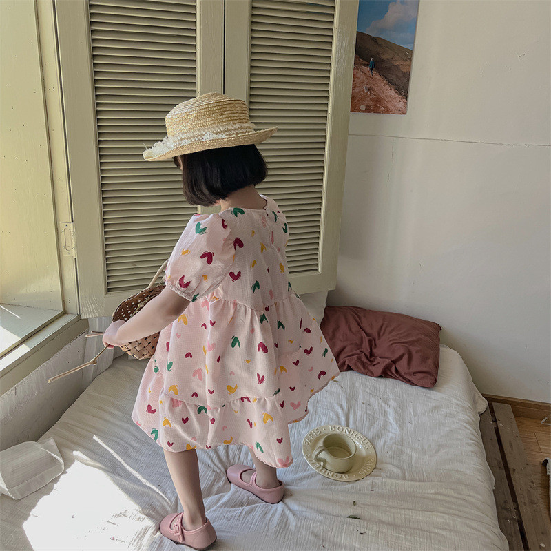 Rochie pentru fete 2023 Noua rochie de vară subțire prințesă Rochie de plajă pentru copii Love Print Rochie drăguță pentru copii mijlocii și mici