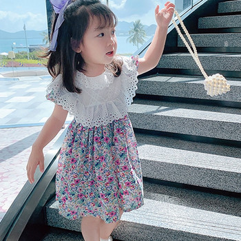 Καλοκαιρινό φόρεμα για κορίτσια Γλυκό μεγάλο δαντελένιο γιακά λουλούδι φουσκωτά μανίκια πίσω λουράκι Φόρεμα Παιδικά ρούχα Παιδικά ρούχα