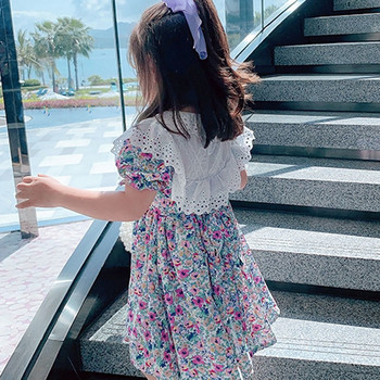 Καλοκαιρινό φόρεμα για κορίτσια Γλυκό μεγάλο δαντελένιο γιακά λουλούδι φουσκωτά μανίκια πίσω λουράκι Φόρεμα Παιδικά ρούχα Παιδικά ρούχα