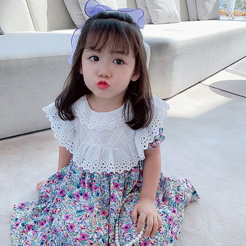 Ljetna haljina za djevojke Slatka velika čipkana kragna s puf rukavima i puf rukavima Haljina s naramenicama za leđa Dječja odjeća Dječja odjeća