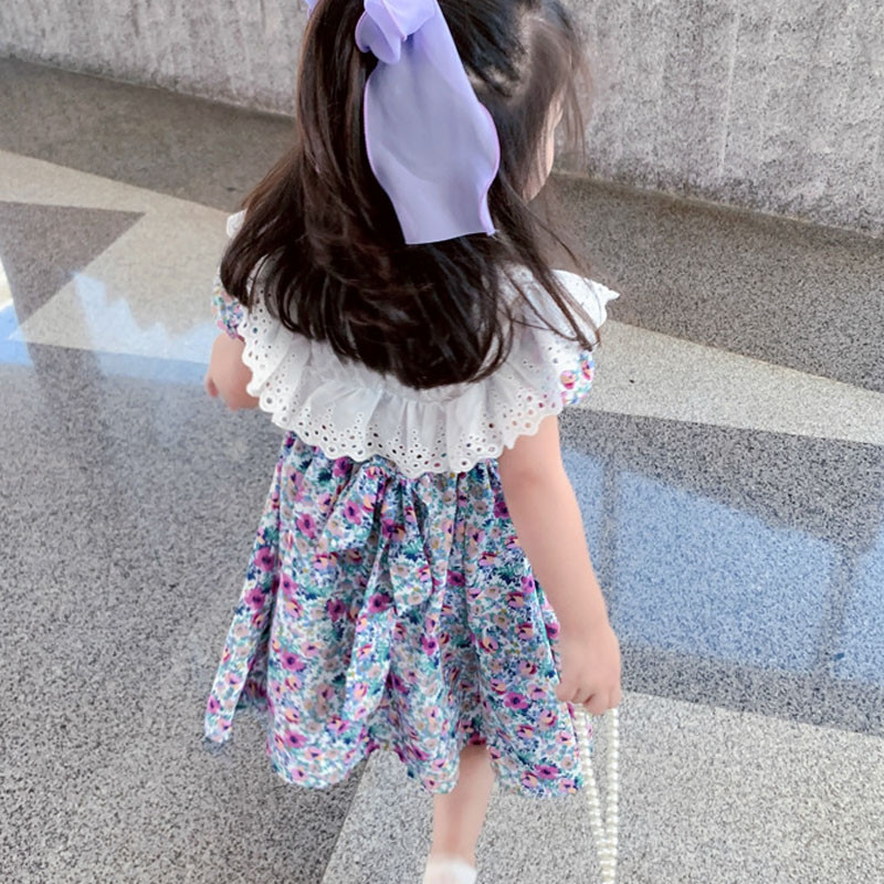 Ljetna haljina za djevojke Slatka velika čipkana kragna s puf rukavima i puf rukavima Haljina s naramenicama za leđa Dječja odjeća Dječja odjeća