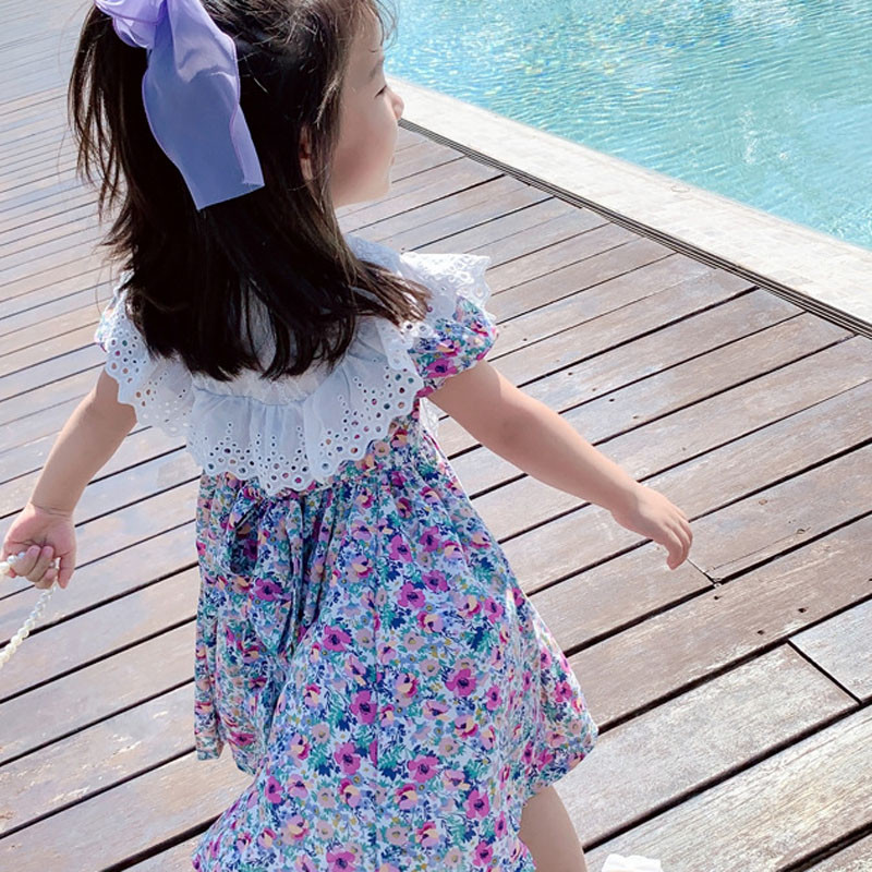 Ljetna haljina za djevojke Slatka velika čipkana kragna s puf rukavima i puf rukavima Haljina s naramenicama za leđa Dječja odjeća Dječja odjeća