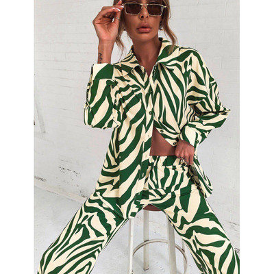 Φαρδιά ρίγα γυναικεία πουκάμισο παντελόνι σετ δύο τεμαχίων Κομψό μακρυμάνικο μπλουζάκι και ελαστικό ψηλόμεσο κοστούμι Ανοιξιάτικο παντελόνι