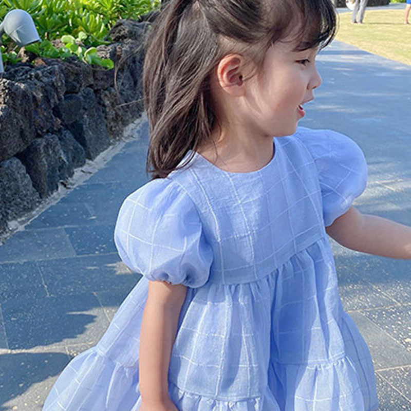 Ljetna haljina za djevojčice, slatki novi stil, karirana svijetla haljina s puf rukavima, princeza, beba, dječja odjeća, dječja odjeća