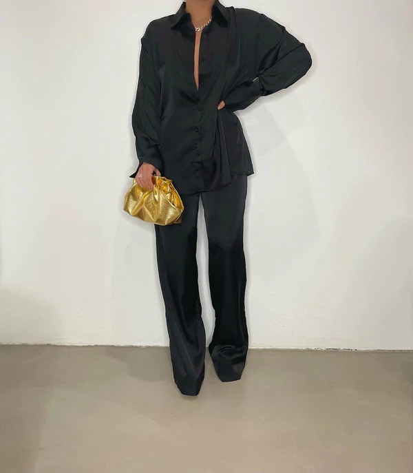 Κομψό γυναικείο σατέν παντελόνι Two Pieces σετ casual μακρυμάνικο πουκάμισο ίσιο παντελόνι κοστούμι 2023 Γυναικεία κομψά μονόχρωμα μπλουζάκια