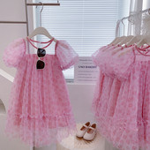 Κορίτσια Καλοκαιρινό δικτυωτό φόρεμα Εξωτερικά ρούχα Παιδικά ρούχα Βρεφικά Παιδικά ρούχα Γλυκά Floral Vestidos Μυθιστόρημα Ροζ λουλούδι Πριγκίπισσα φόρεμα