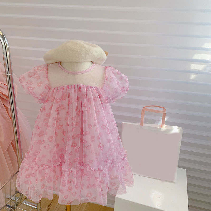 Κορίτσια Καλοκαιρινό δικτυωτό φόρεμα Εξωτερικά ρούχα Παιδικά ρούχα Βρεφικά Παιδικά ρούχα Γλυκά Floral Vestidos Μυθιστόρημα Ροζ λουλούδι Πριγκίπισσα φόρεμα