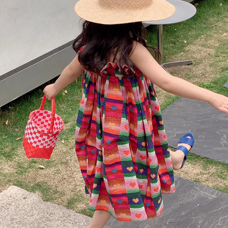 Višebojna karirana haljina za djevojčice, ljubavna haljina s naramenicama, haljina s plisiranim rubovima i elastičnom trakom, ljetna nova dječja odjeća