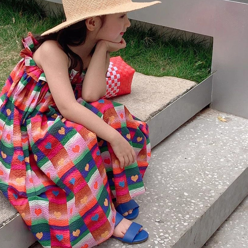 Višebojna karirana haljina za djevojčice, ljubavna haljina s naramenicama, haljina s plisiranim rubovima i elastičnom trakom, ljetna nova dječja odjeća