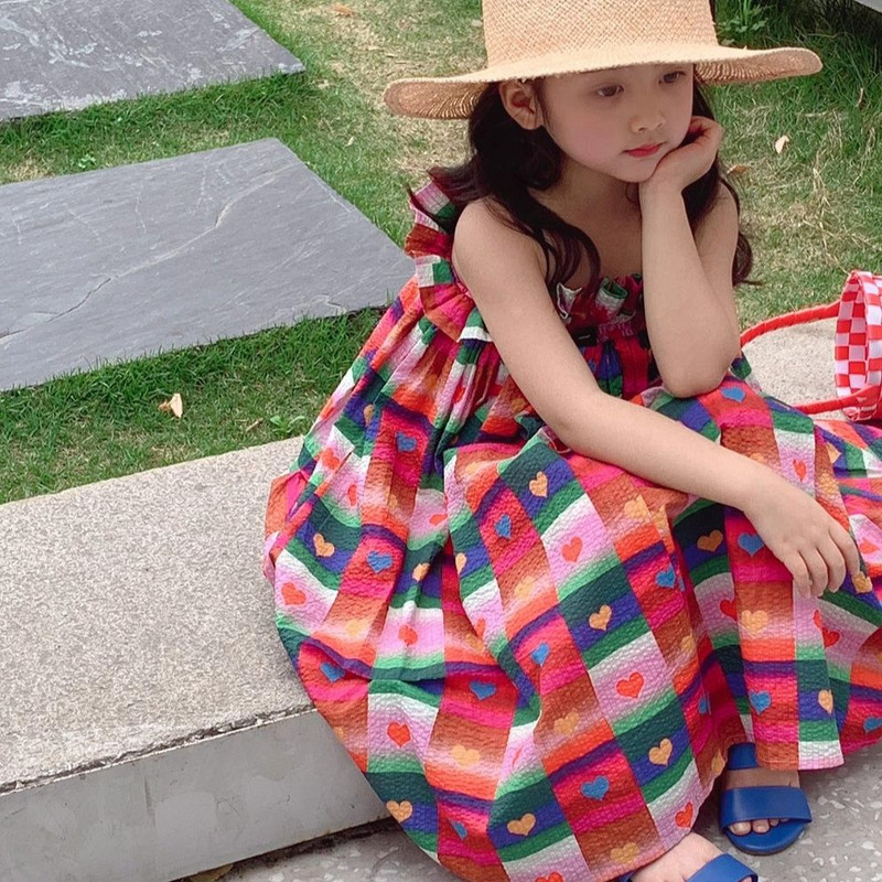 Višebojna karirana haljina za djevojčice, ljubavna haljina s naramenicama, haljina s plisiranim rubovima i elastičnom trakom, ljetna nova dječja odjeća