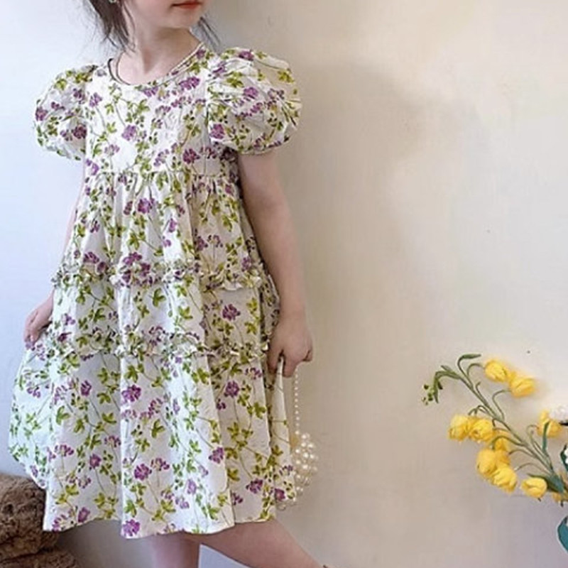 Rochie de vară 2023 pentru fete, cu gât rotund, rochie cu mânecă scurtă, rochie de prințesă din dantelă pastorală, haine dulci pentru copii la modă