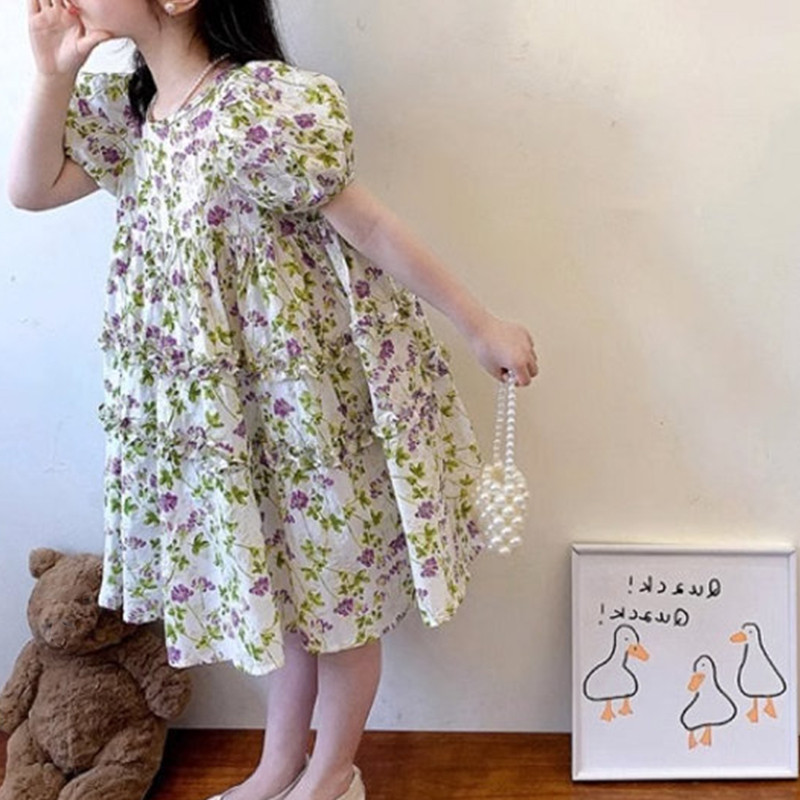 Rochie de vară 2023 pentru fete, cu gât rotund, rochie cu mânecă scurtă, rochie de prințesă din dantelă pastorală, haine dulci pentru copii la modă