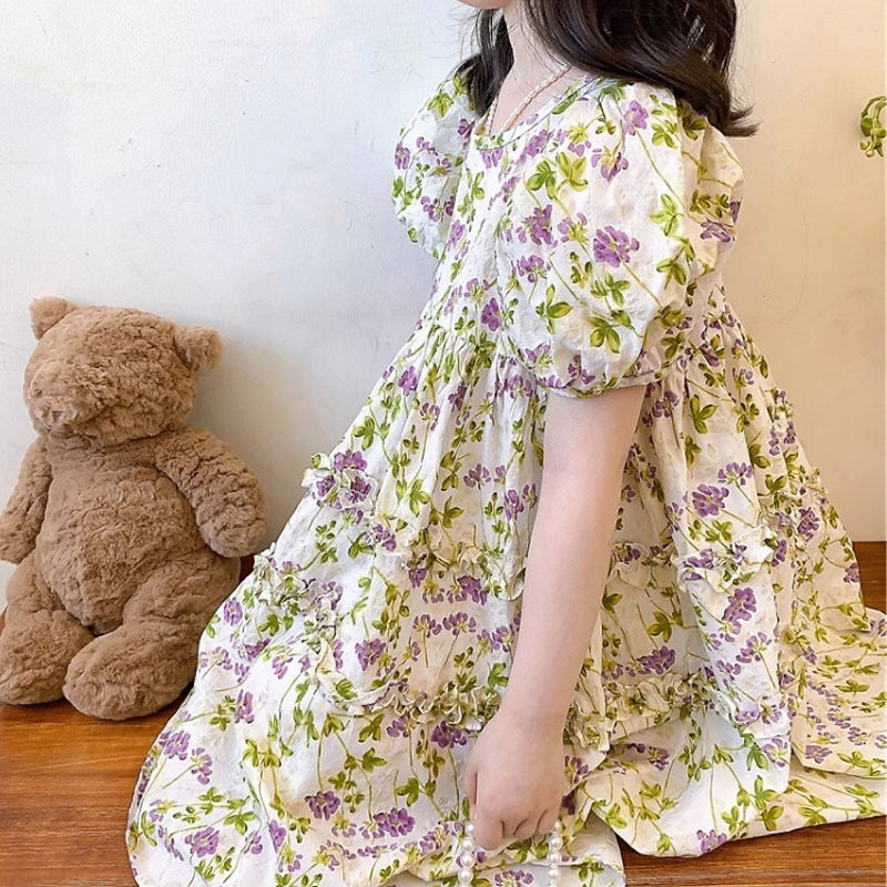 Rochie de vară 2023 pentru fete, cu gât rotund, rochie cu mânecă scurtă, rochie de prințesă din dantelă pastorală, haine dulci pentru copii la modă
