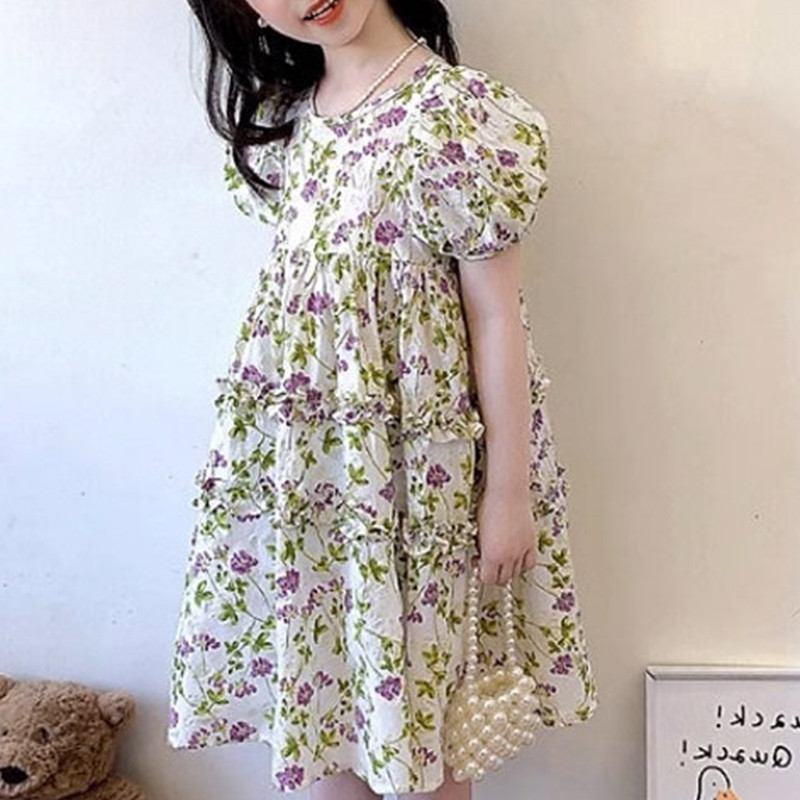 Rochie de vară 2023 pentru fete, cu gât rotund, rochie cu mânecă scurtă, rochie de prințesă din dantelă pastorală, haine dulci pentru copii la modă