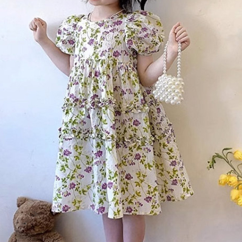 Rochie de vară 2023 pentru fete, cu gât rotund, rochie cu mânecă scurtă, rochie de prințesă din dantelă pastorală, haine dulci pentru copii la modă