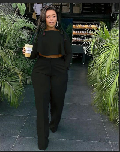 Elegantna radna odjeća Dvodijelni set Jesenska odjeća za žene Skrateni top s volanima i odijela sa širokim hlačama Odgovarajući kompleti Seksi klupska odjeća