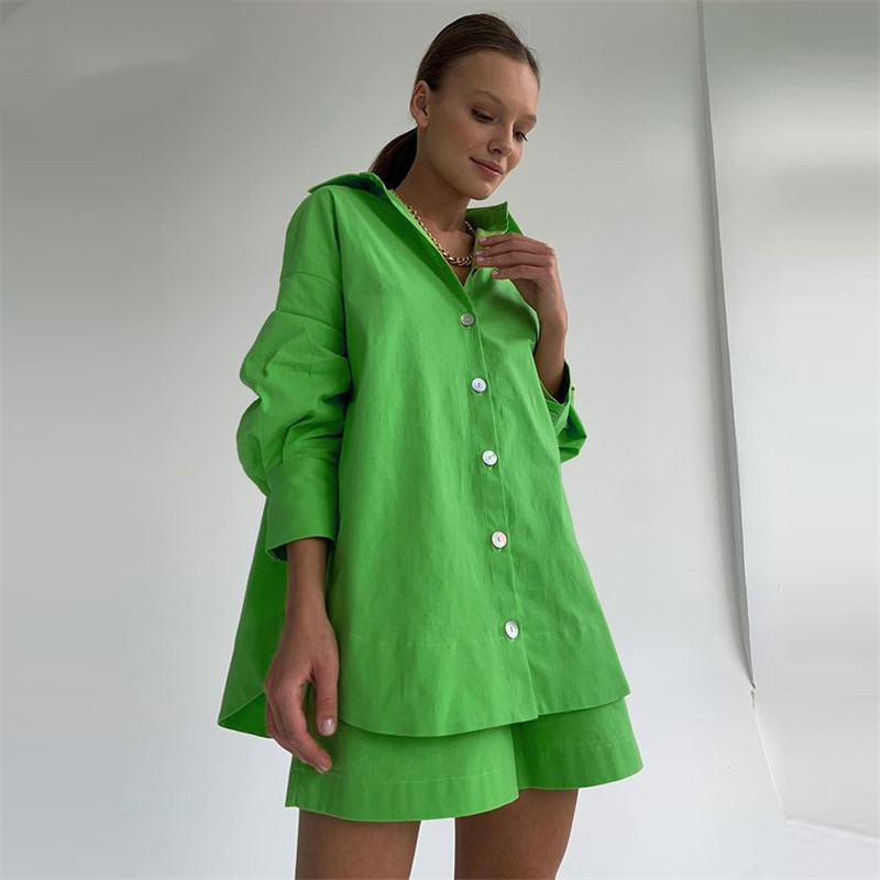 Ležerne ženske kratke trenirke, salonke, dvodijelne ženske kombinacije, prevelika duga košulja i kratke hlače visokog struka, zelena