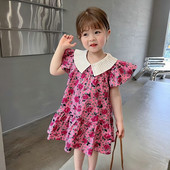 2023. aasta suvi, uus tüdrukute kleit, kortsuline krae, lendav varrukas, lilleline printsesskleit, moodne plisseeritud servaga lasterõivad