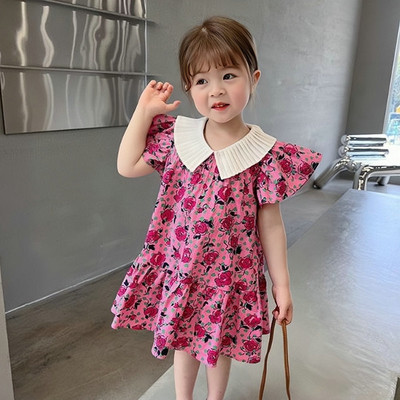 2023. aasta suvi, uus tüdrukute kleit, kortsuline krae, lendav varrukas, lilleline printsesskleit, moodne plisseeritud servaga lasterõivad