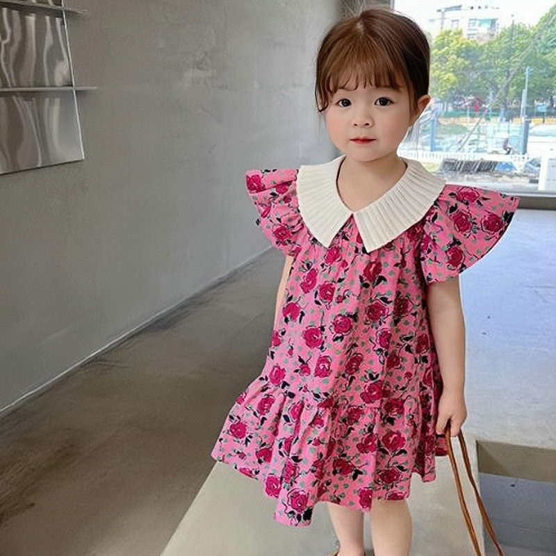 2023. aasta suvi, uus tüdrukute kleit, kortsuline krae, lendav varrukas, lilleline printsesskleit, moodne plisseeritud servaga lasterõivad