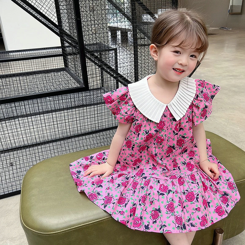 2023. aasta suvi, uus tüdrukute kleit, kortsuline krae, lendav varrukas, lilleline printsesskleit, moodne plisseeritud servaga lasterõivad