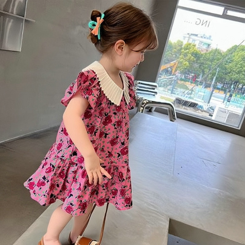 2023. aasta suvi, uus tüdrukute kleit, kortsuline krae, lendav varrukas, lilleline printsesskleit, moodne plisseeritud servaga lasterõivad