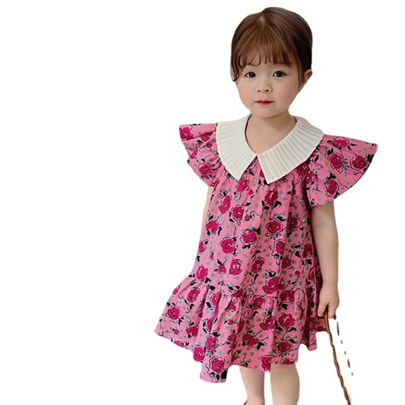 2023. aasta suvi, uus tüdrukute kleit, kortsuline krae, lendav varrukas, lilleline printsesskleit, moodne plisseeritud servaga lasterõivad