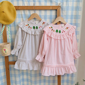 Rochie pentru fetiță cu mâneci lungi Îmbrăcăminte pentru copii Broderie de animale Guler cu volan Rochie pentru fetiță Rochie pentru copii cu pliuri în dungi de toamnă