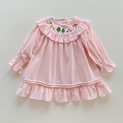 Rochie pentru fetiță cu mâneci lungi Îmbrăcăminte pentru copii Broderie de animale Guler cu volan Rochie pentru fetiță Rochie pentru copii cu pliuri în dungi de toamnă