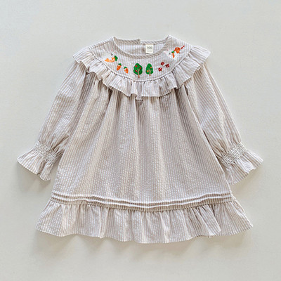 Rochie pentru fetiță cu mâneci lungi Îmbrăcăminte pentru copii Broderie de animale Guler cu volan Rochie pentru fetiță Rochie pentru copii cu pliuri în dungi de toamnă
