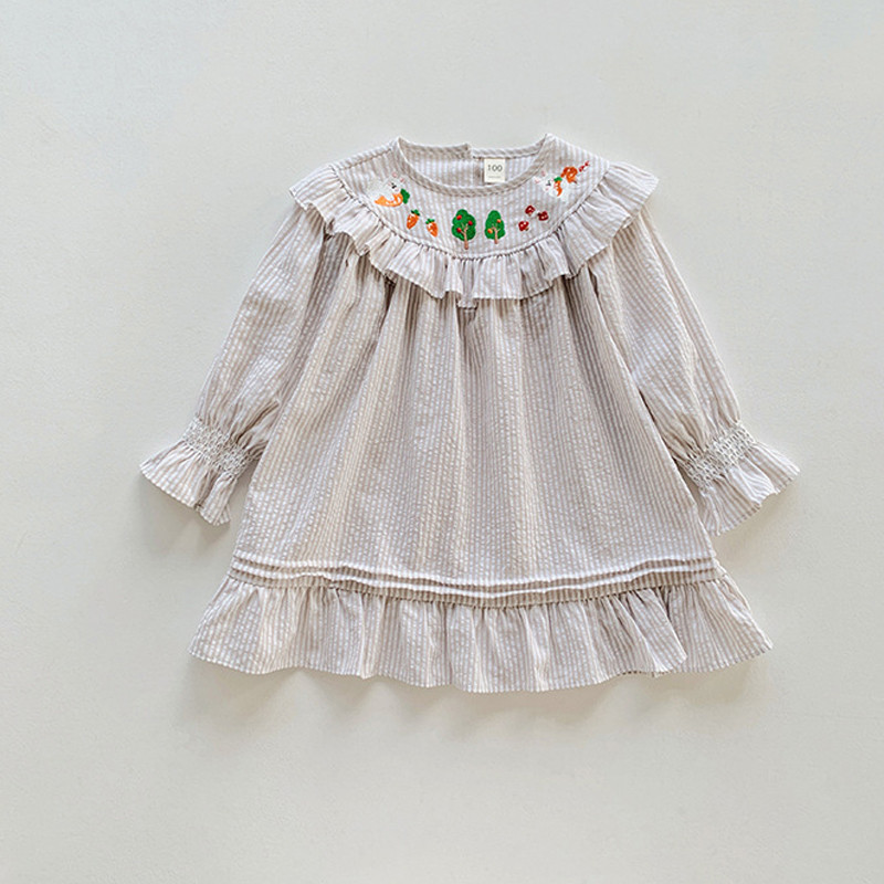 Rochie pentru fetiță cu mâneci lungi Îmbrăcăminte pentru copii Broderie de animale Guler cu volan Rochie pentru fetiță Rochie pentru copii cu pliuri în dungi de toamnă