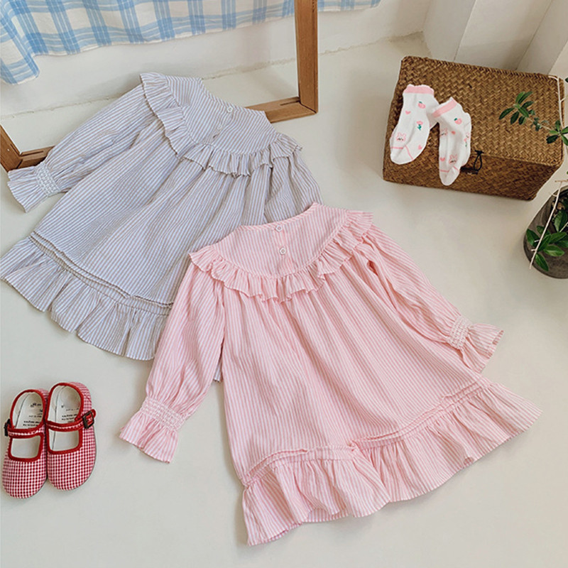 Rochie pentru fetiță cu mâneci lungi Îmbrăcăminte pentru copii Broderie de animale Guler cu volan Rochie pentru fetiță Rochie pentru copii cu pliuri în dungi de toamnă