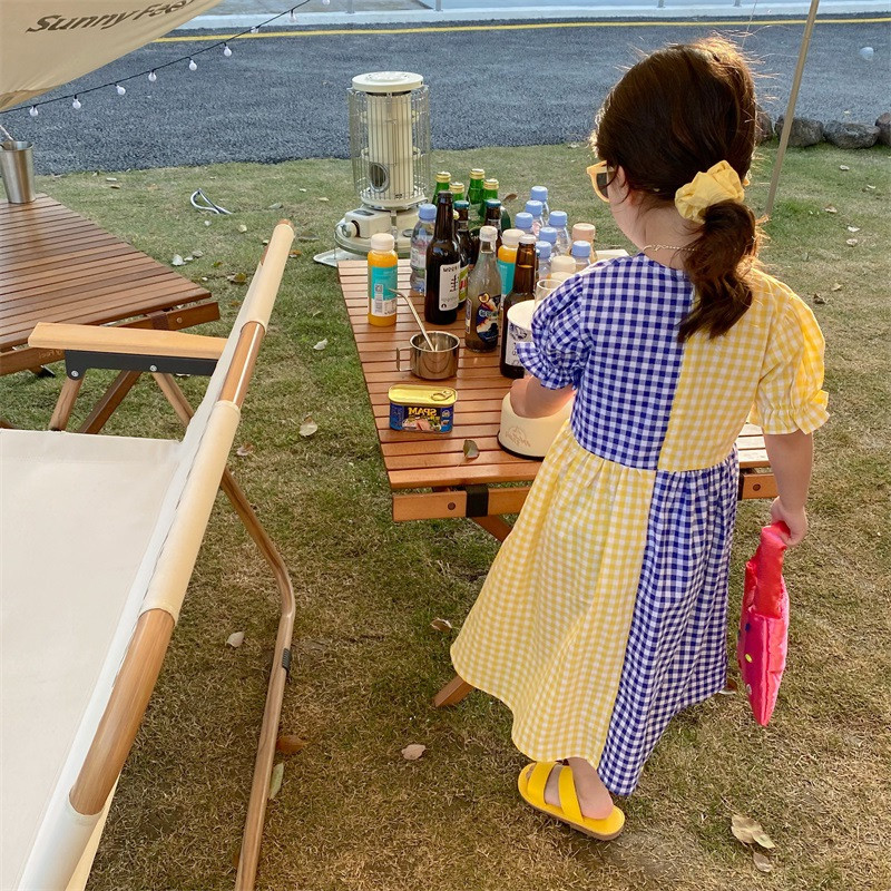 Haljina za djevojčice s kockastim kockama Haljina jarkih boja u skladu s bojama Haljina princeze kratkih rukava Nova modna ljetna dječja odjeća