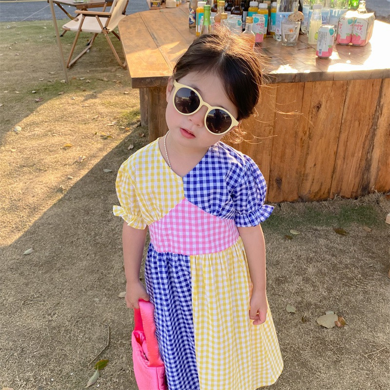 Haljina za djevojčice s kockastim kockama Haljina jarkih boja u skladu s bojama Haljina princeze kratkih rukava Nova modna ljetna dječja odjeća