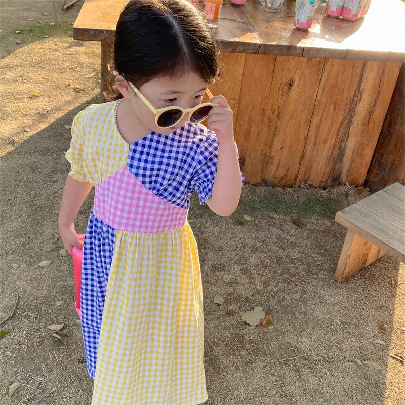 Haljina za djevojčice s kockastim kockama Haljina jarkih boja u skladu s bojama Haljina princeze kratkih rukava Nova modna ljetna dječja odjeća