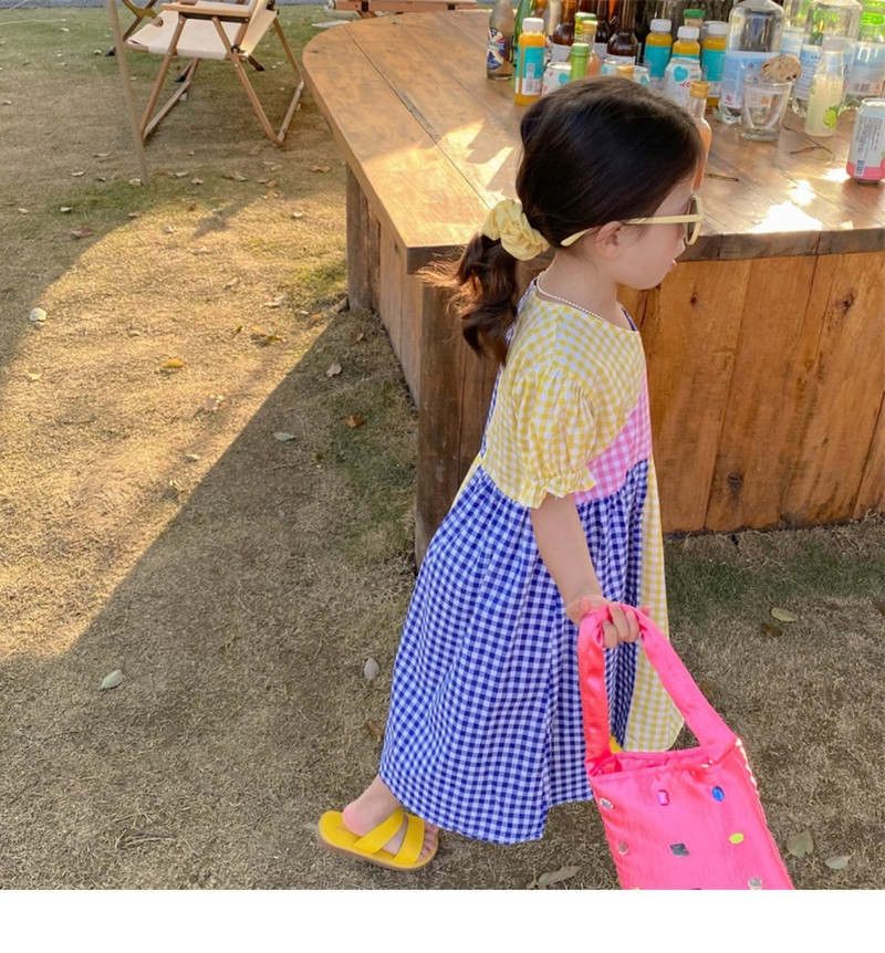 Haljina za djevojčice s kockastim kockama Haljina jarkih boja u skladu s bojama Haljina princeze kratkih rukava Nova modna ljetna dječja odjeća