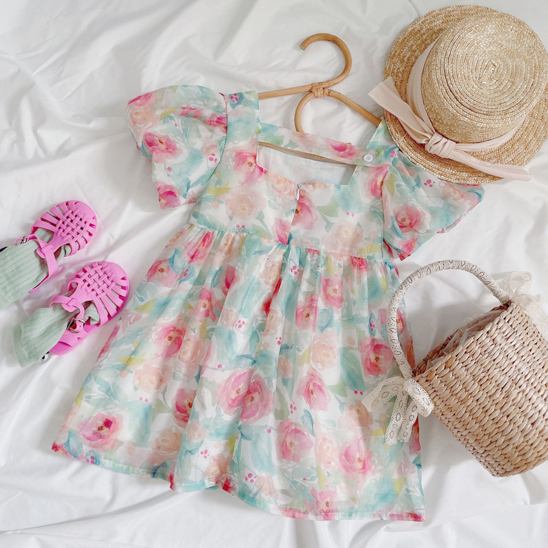 Tüdrukute kandiline kaelusega kleit suvine uus korea versioon lasteriided, lillelised puhvis varrukad, peokleit Printsessi kleit, õhtused vestidos