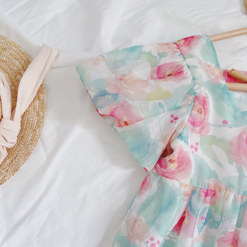 Tüdrukute kandiline kaelusega kleit suvine uus korea versioon lasteriided, lillelised puhvis varrukad, peokleit Printsessi kleit, õhtused vestidos