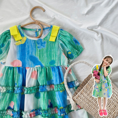 Haljina za djevojčice, ljetna 2022., nova korejska verzija pastoralne haljine za djevojčice s puf rukavima od čipke