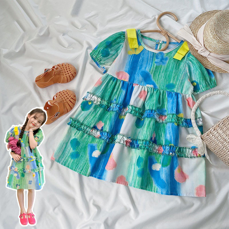 Haljina za djevojčice, ljetna 2022., nova korejska verzija pastoralne haljine za djevojčice s puf rukavima od čipke