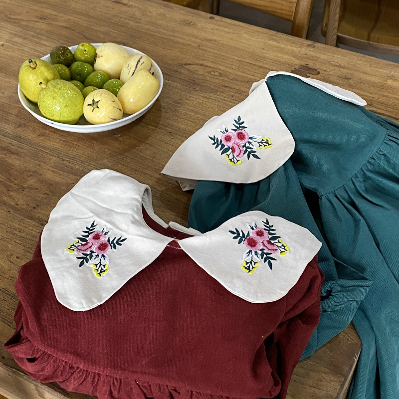 Proljetna i jesenska haljina za djevojčice Nova izvezena ovratnica za lutke Haljina princeze s izvezenim cvijetom i reverom Ležerna dječja odjeća