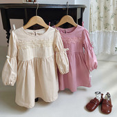 Jesenska haljina za djevojčice, korejska dječja leptir-kravata, čipkasta haljina s mjehurićastim rukavima, proljetna haljina princeze s okruglim izrezom i dugim rukavima 2024.