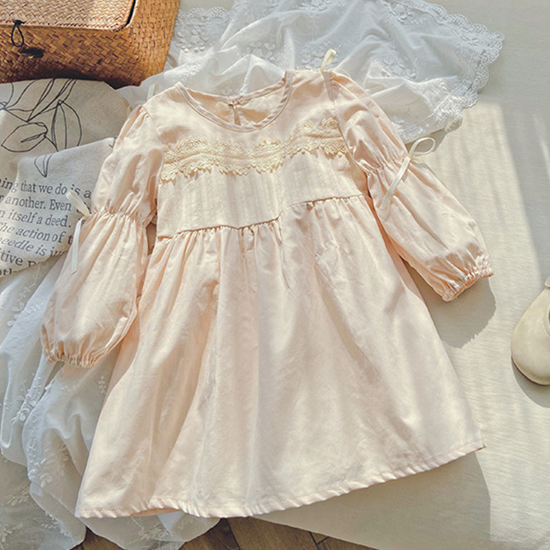 Jesenska haljina za djevojčice, korejska dječja leptir-kravata, čipkasta haljina s mjehurićastim rukavima, proljetna haljina princeze s okruglim izrezom i dugim rukavima 2024.