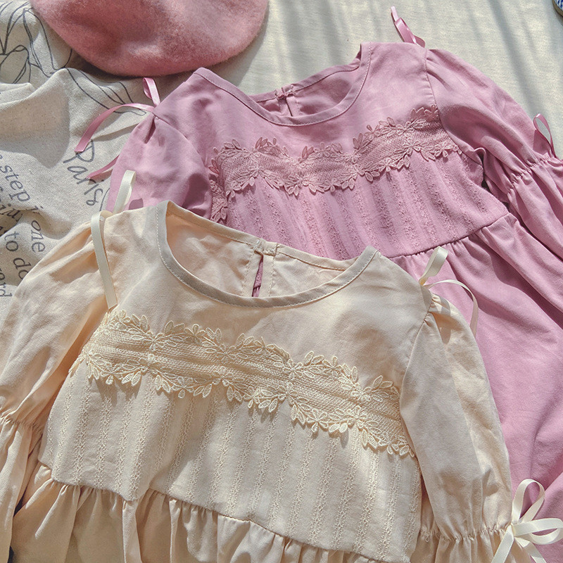 Jesenska haljina za djevojčice, korejska dječja leptir-kravata, čipkasta haljina s mjehurićastim rukavima, proljetna haljina princeze s okruglim izrezom i dugim rukavima 2024.